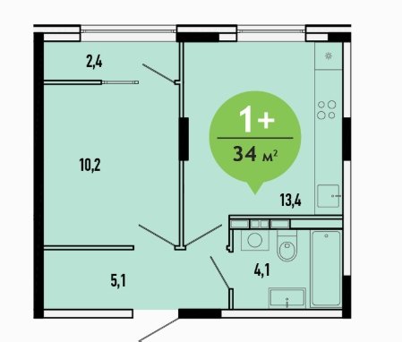 6 этаж 1-комнатн. 34 кв.м.