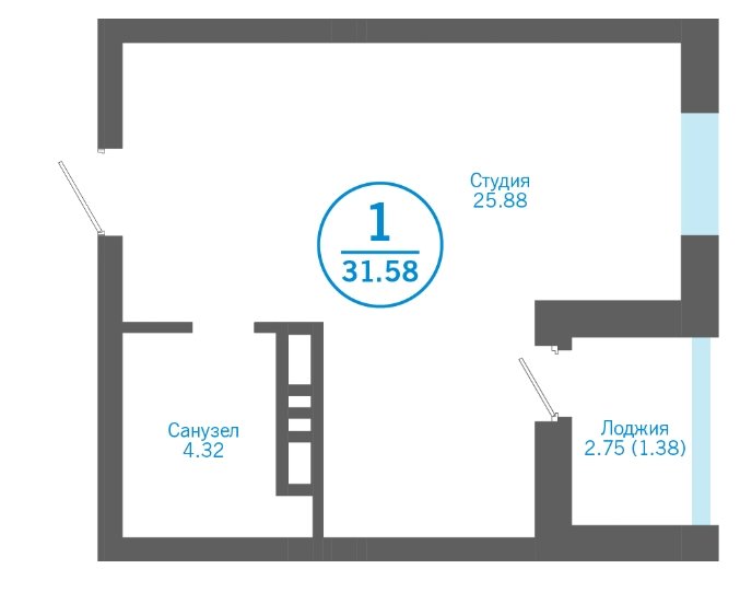 2 этаж 1-комнатн. 31.58 кв.м.