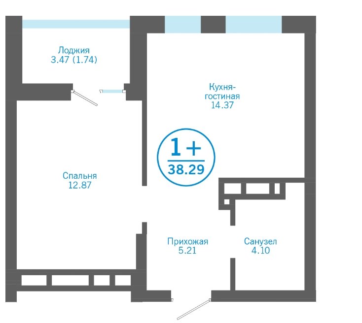 5 этаж 1-комнатн. 38.29 кв.м.